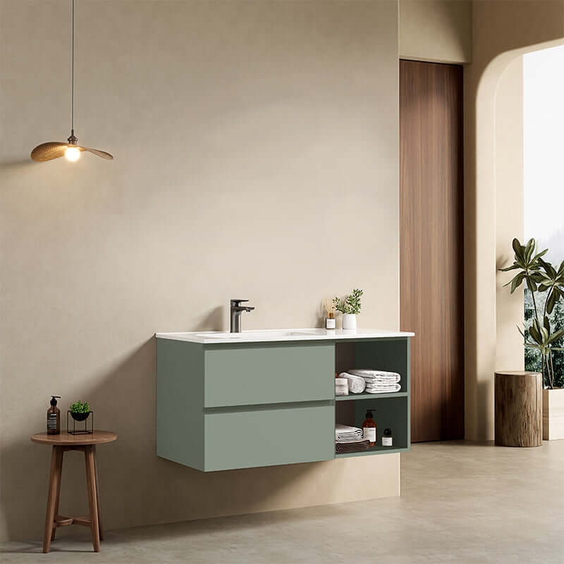 Mobile bagno sospeso 100 cm Verde Salvia Lavabo a Sinistra in Ceramica Senza Specchio - Fiji Paint Plus
