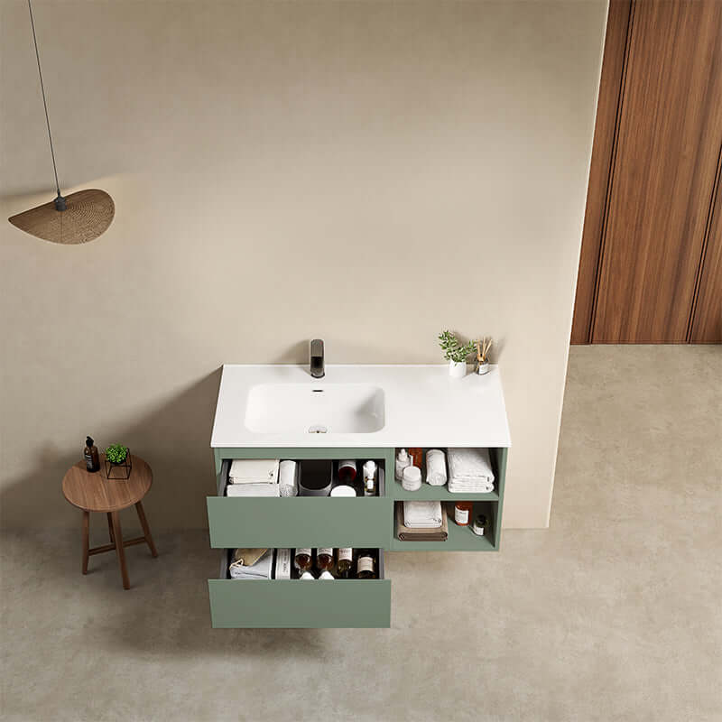 Mobile bagno sospeso 100 cm Verde Salvia Lavabo a Sinistra in Ceramica Senza Specchio - Fiji Paint Plus