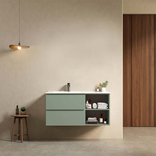 Mobile bagno sospeso 100 cm Verde Salvia Lavabo a Sinistra in Ceramica Senza Specchio - Fiji Paint Plus