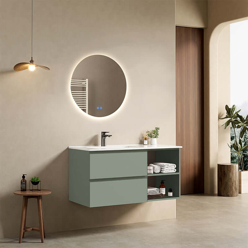 Mobile bagno sospeso 100 cm Verde Salvia Lavabo a Sinistra in Ceramica Specchio Tondo Retroilluminato - Fiji Paint Plus