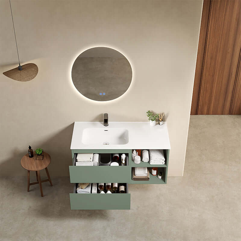 Mobile bagno sospeso 100 cm Verde Salvia Lavabo a Sinistra in Ceramica Specchio Tondo Retroilluminato - Fiji Paint Plus
