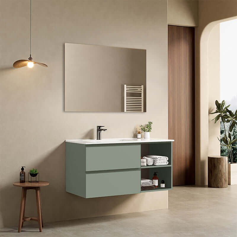 Mobile bagno sospeso 100 cm Verde Salvia Lavabo a Sinistra in Ceramica Specchio Quadro - Fiji Paint Plus