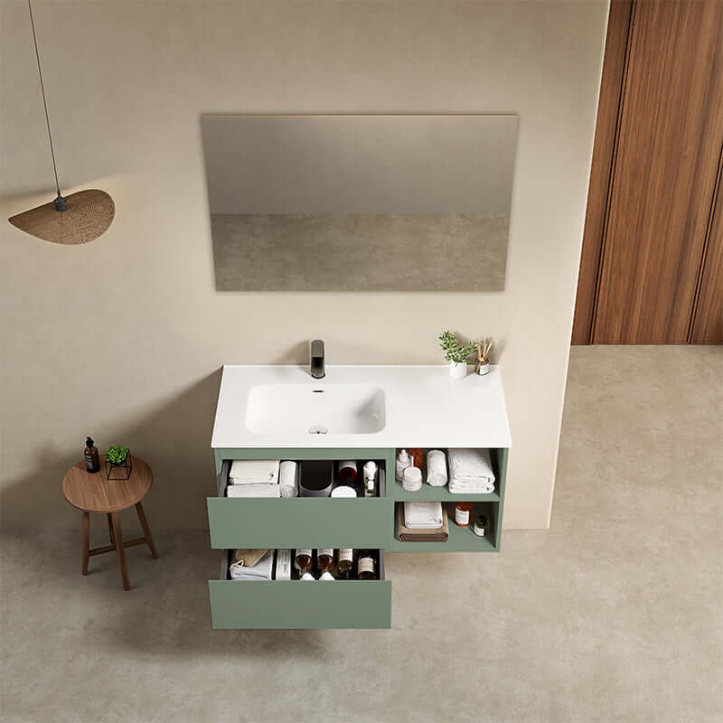 Mobile bagno sospeso 100 cm Verde Salvia Lavabo a Sinistra in Ceramica Specchio Quadro - Fiji Paint Plus