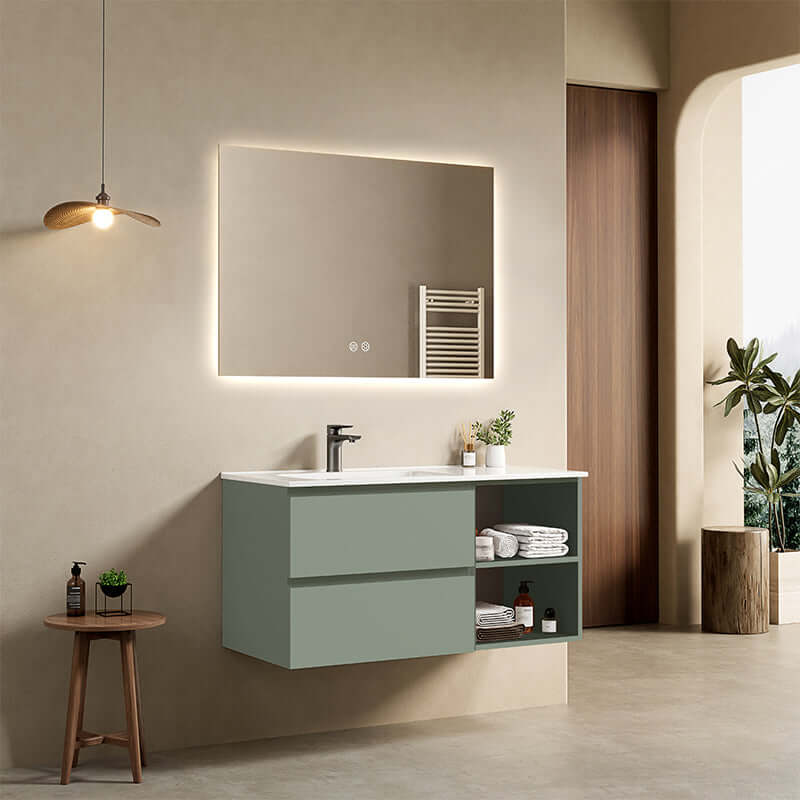 Mobile bagno sospeso 100 cm Verde Salvia Lavabo a Sinistra in Ceramica Specchio Quadro Retroilluminato - Fiji Paint Plus