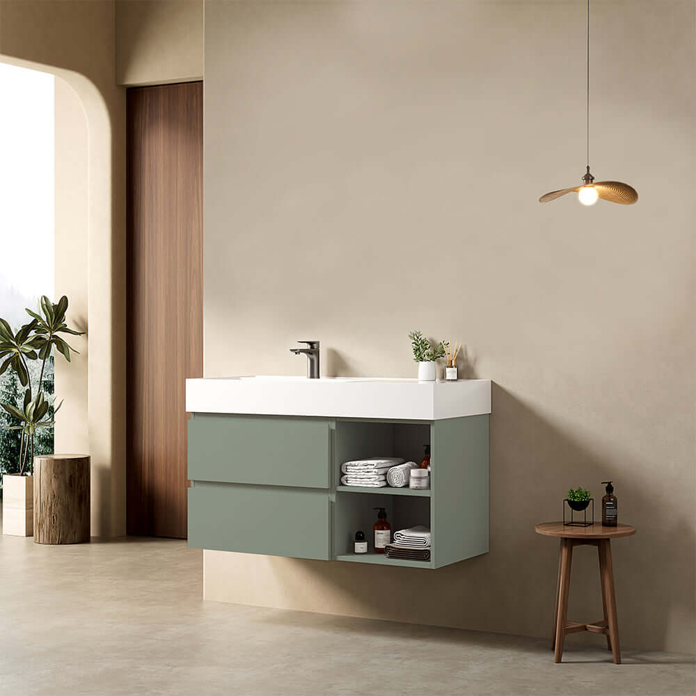 Mobile bagno sospeso 100 cm Verde Salvia Lavabo a Sinistra in Resina Senza Specchio - Fiji Paint Plus