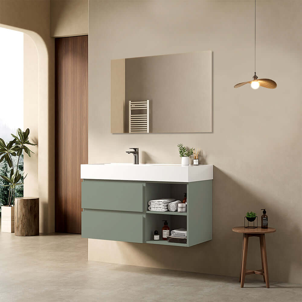 Mobile bagno sospeso 100 cm Verde Salvia Lavabo a Sinistra in Resina Specchio Quadro - Fiji Paint Plus