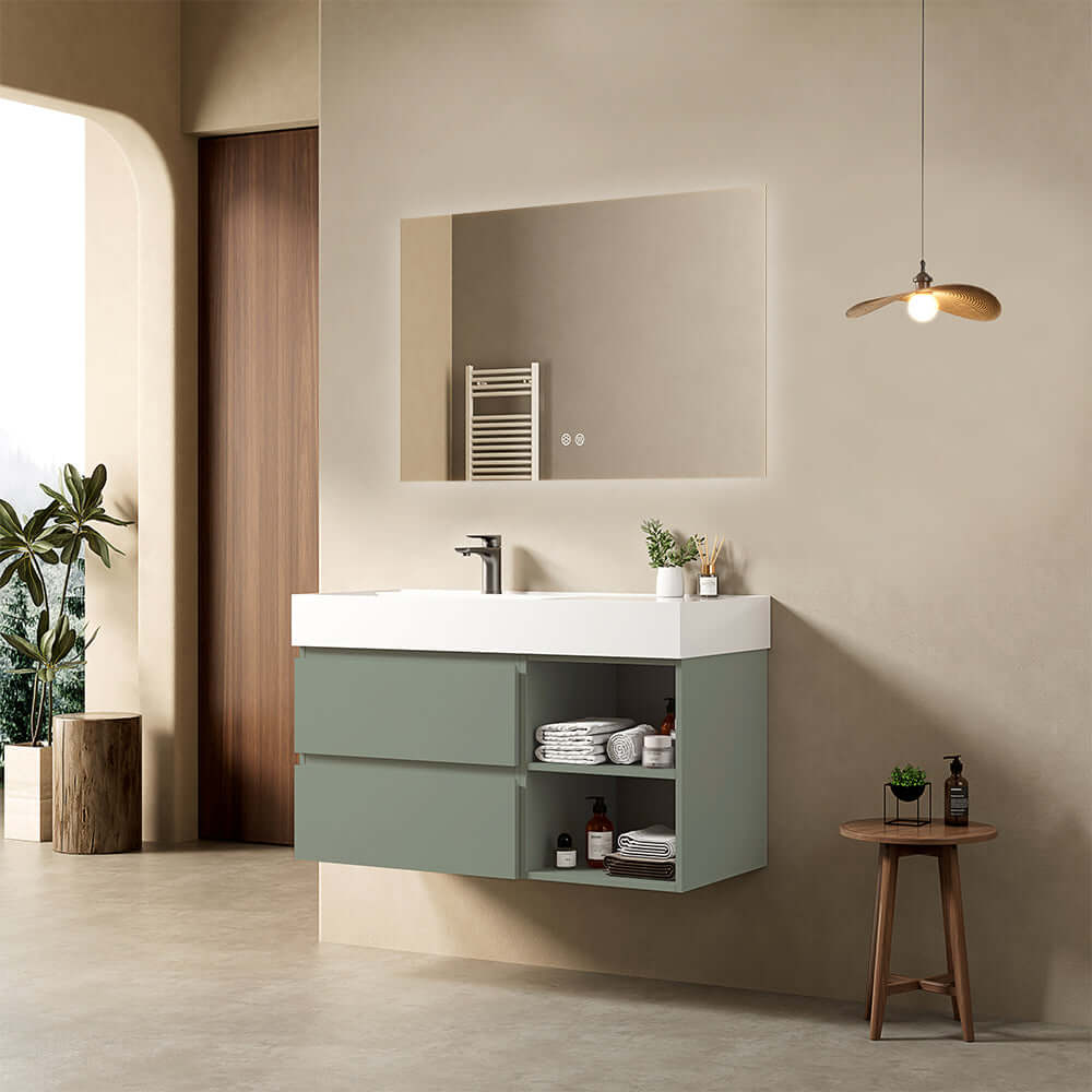 Mobile bagno sospeso 100 cm Verde Salvia Lavabo a Sinistra in Resina Specchio Quadro Retroilluminato - Fiji Paint Plus