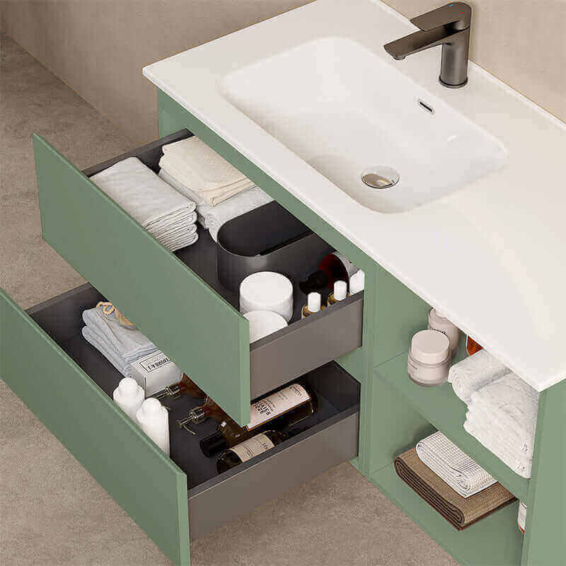 Mobile bagno sospeso 100 cm Verde Salvia Lavabo a Sinistra in Ceramica Senza Specchio - Fiji Paint Plus