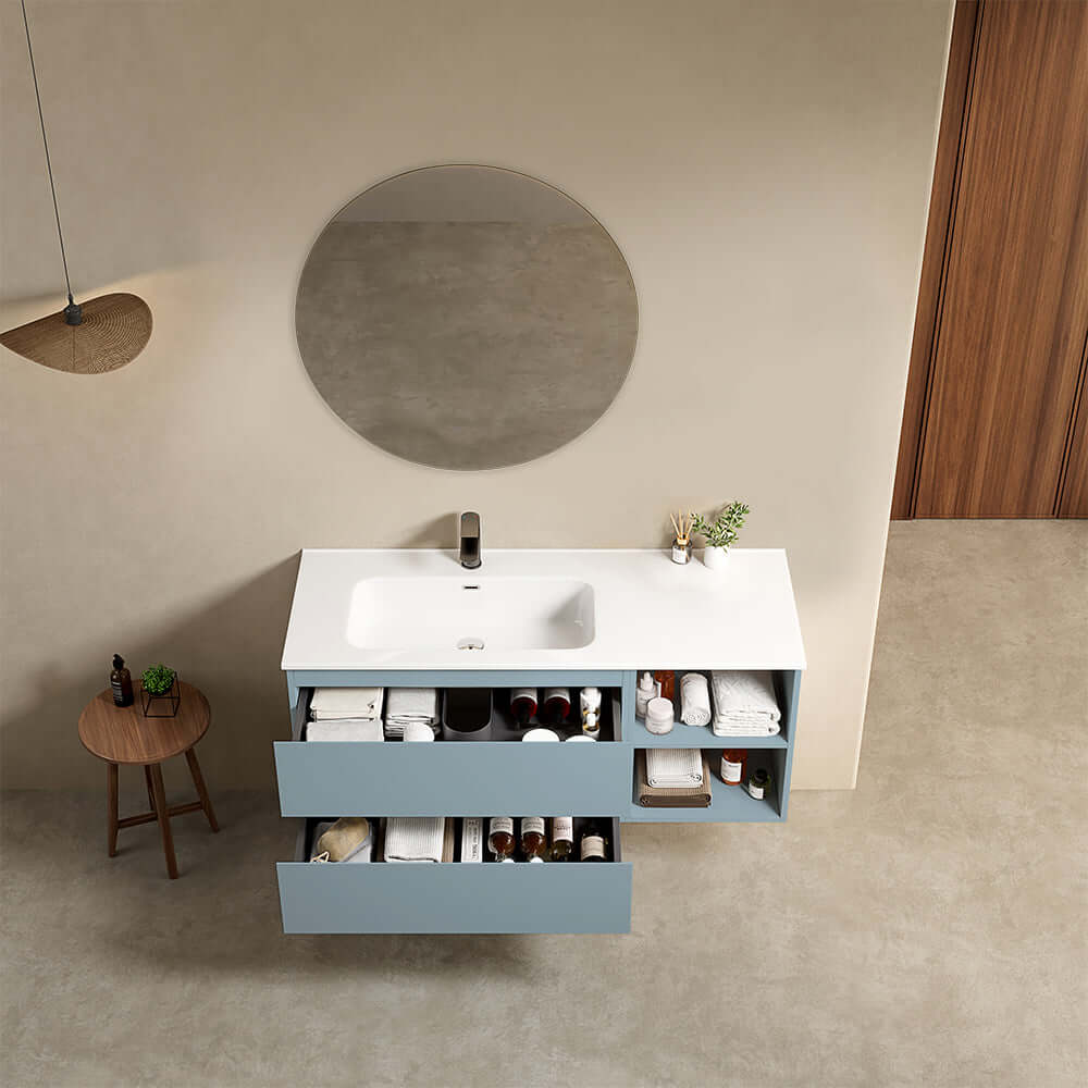 Mobile bagno sospeso 120 cm Blu Avio Lavabo a Sinistra in Ceramica Specchio Tondo - Fiji Paint Plus