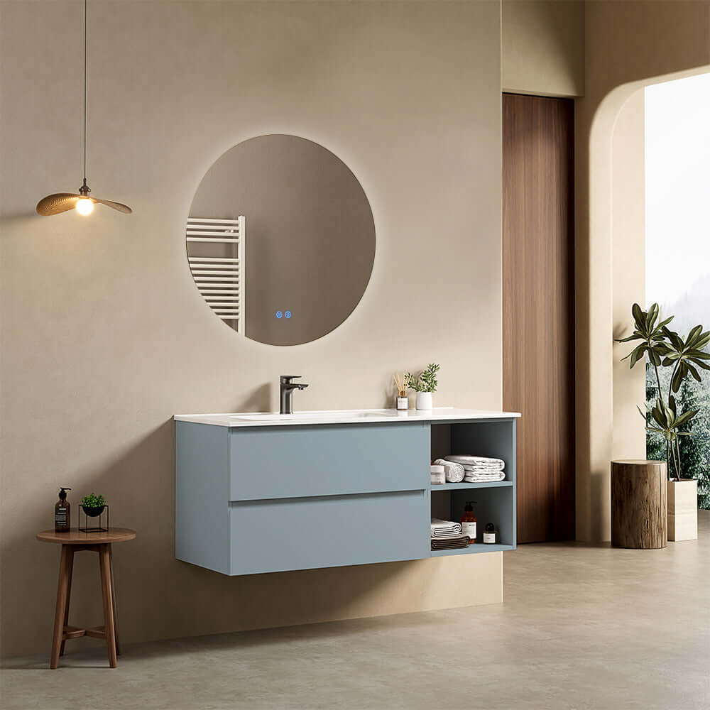 Mobile bagno sospeso 120 cm Blu Avio Lavabo a Sinistra in Ceramica Specchio Tondo Retroilluminato - Fiji Paint Plus