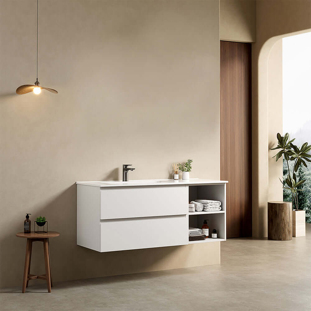 Mobile bagno sospeso 120 cm Bianco Lavabo a Sinistra in Ceramica Senza Specchio - Fiji Paint Plus