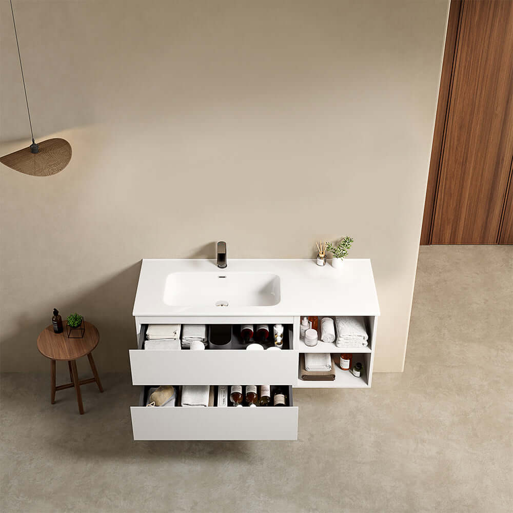 Mobile bagno sospeso 120 cm Bianco Lavabo a Sinistra in Ceramica Senza Specchio - Fiji Paint Plus
