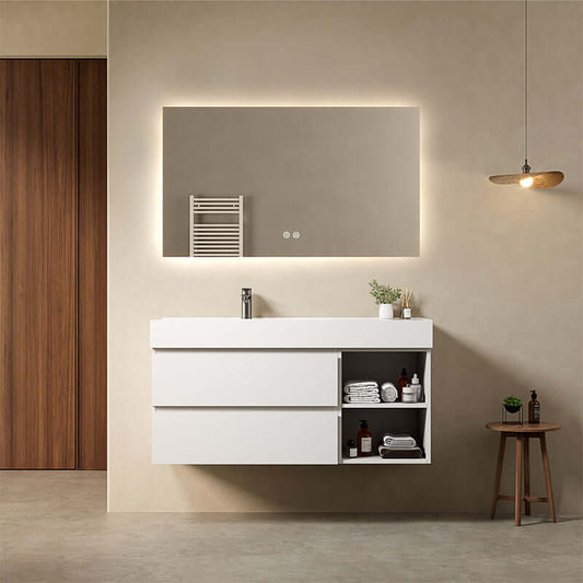 Mobile bagno sospeso 120 cm Bianco Lavabo a Sinistra in Resina Specchio Quadro Retroilluminato - Fiji Paint Plus