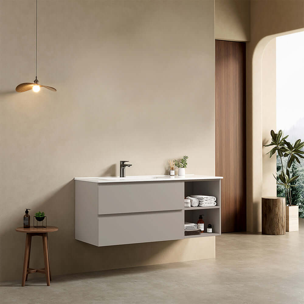 Mobile bagno sospeso 120 cm Grigio Cenere Lavabo a Sinistra in Ceramica Senza Specchio - Fiji Paint Plus