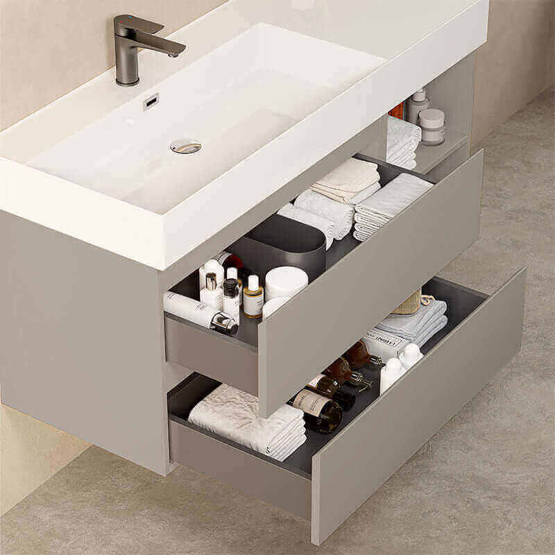 Mobile bagno sospeso 120 cm Grigio Cenere Lavabo a Sinistra in Resina Specchio Quadro Retroilluminato - Fiji Paint Plus