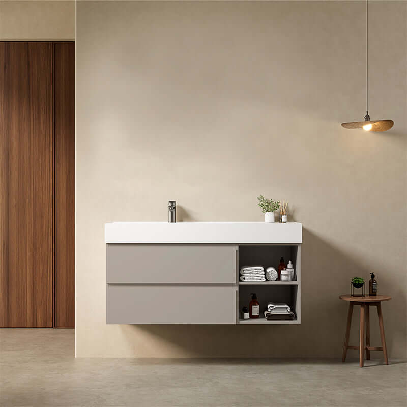 Mobile bagno sospeso 120 cm Grigio Cenere Lavabo a Sinistra in Resina Senza Specchio - Fiji Paint Plus