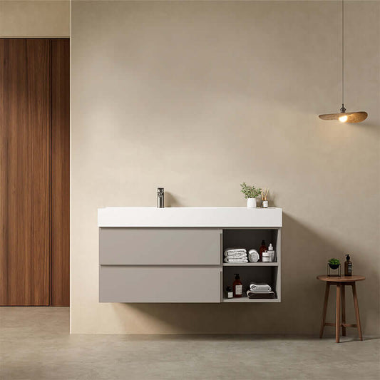 Mobile bagno sospeso 120 cm Grigio Cenere Lavabo a Sinistra in Resina Senza Specchio - Fiji Paint Plus