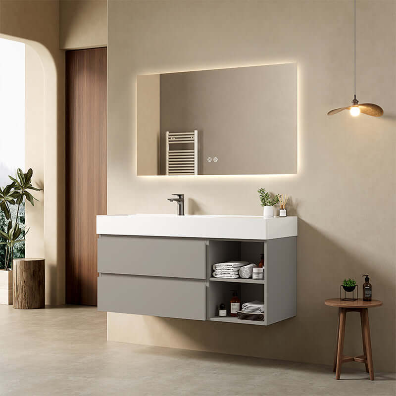Mobile bagno sospeso 120 cm Grigio Cenere Lavabo a Sinistra in Resina Specchio Quadro Retroilluminato - Fiji Paint Plus