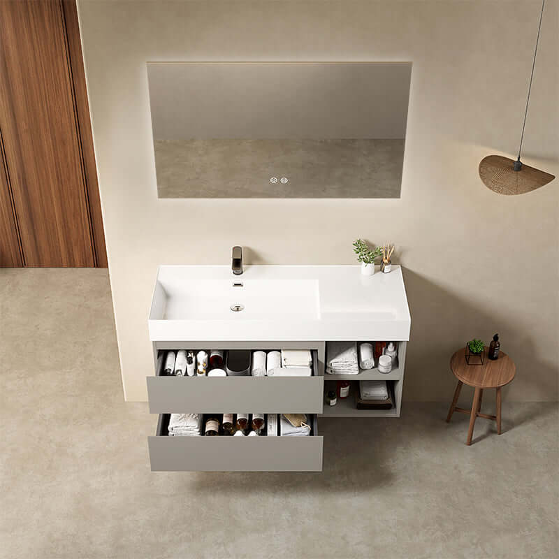 Mobile bagno sospeso 120 cm Grigio Cenere Lavabo a Sinistra in Resina Specchio Quadro Retroilluminato - Fiji Paint Plus