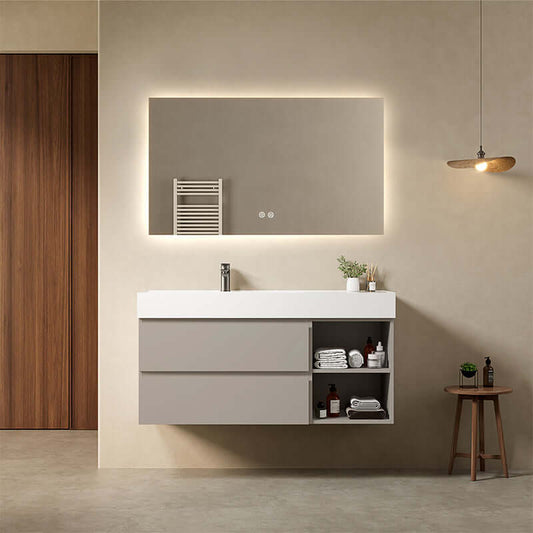Mobile bagno sospeso 120 cm Grigio Cenere Lavabo a Sinistra in Resina Specchio Quadro Retroilluminato - Fiji Paint Plus