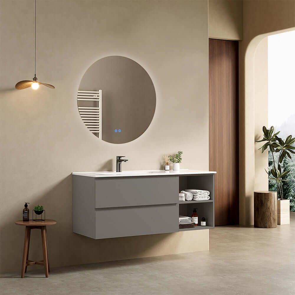 Mobile bagno sospeso 120 cm Grigio Londra Lavabo a Sinistra in Ceramica Specchio Tondo Retroilluminato - Fiji Paint Plus
