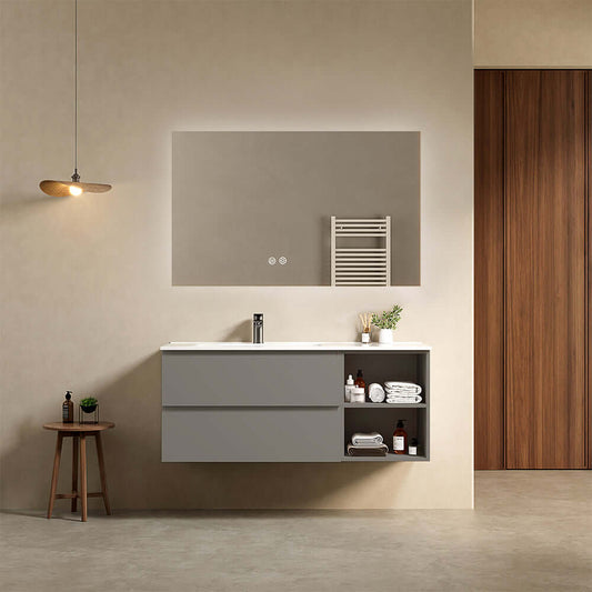 Mobile bagno sospeso 120 cm Grigio Londra Lavabo a Sinistra in Ceramica Specchio Quadro Retroilluminato - Fiji Paint Plus