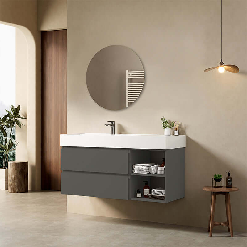 Mobile bagno sospeso 120 cm Grigio Londra Lavabo a Sinistra in Resina Specchio Tondo - Fiji Paint Plus