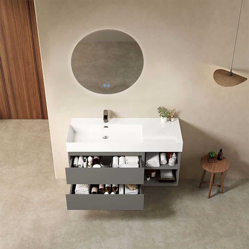 Mobile bagno sospeso 120 cm Grigio Londra Lavabo a Sinistra in Resina Specchio Tondo Retroilluminato - Fiji Paint Plus