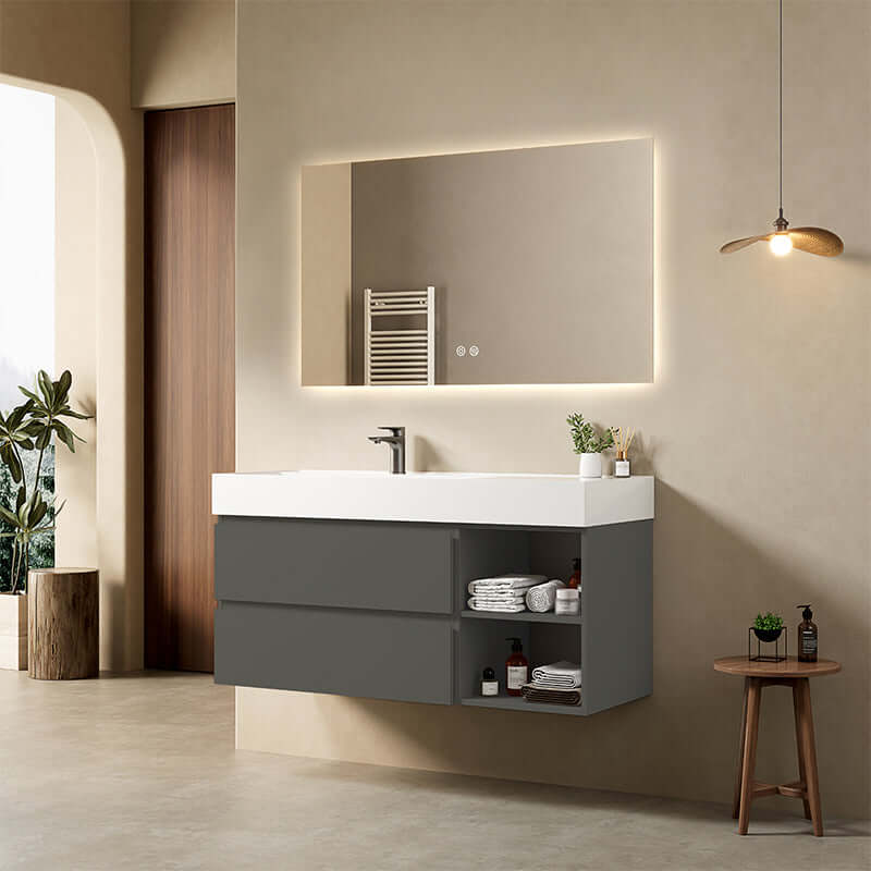 Mobile bagno sospeso 120 cm Grigio Londra Lavabo a Sinistra in Resina Specchio Quadro Retroilluminato - Fiji Paint Plus