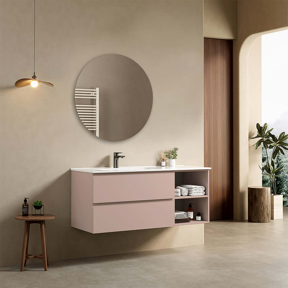 Mobile bagno sospeso 120 cm Rosa Retro Lavabo a Sinistra in Ceramica Specchio Tondo - Fiji Paint Plus