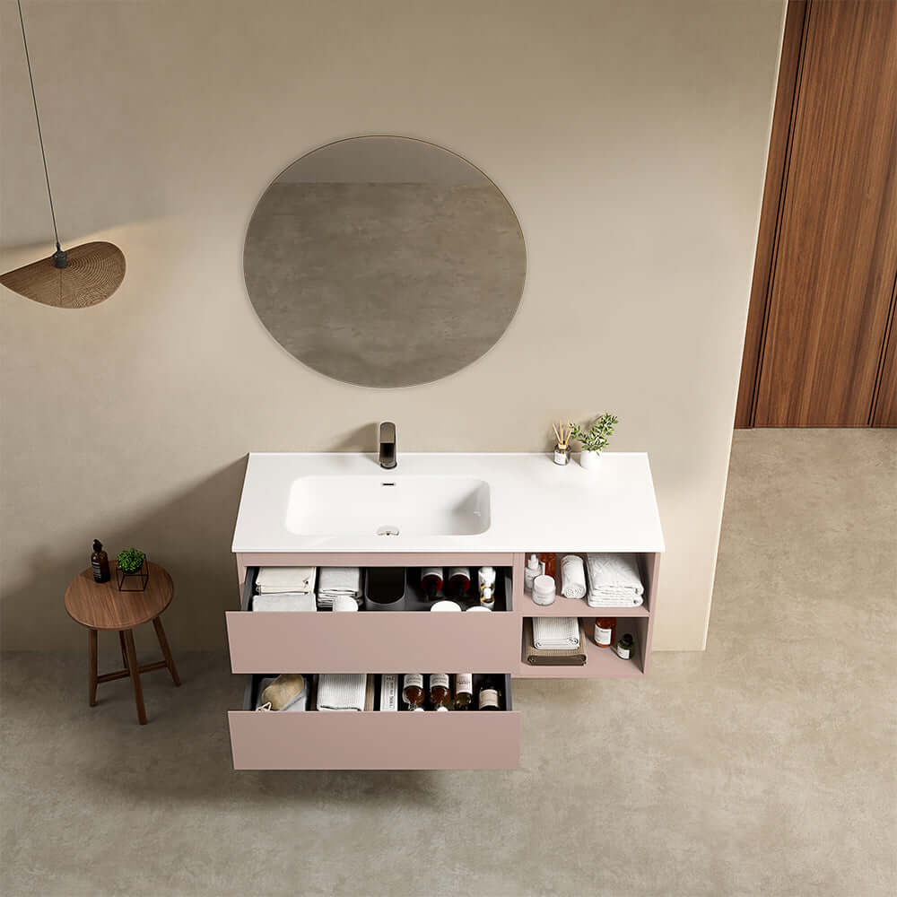Mobile bagno sospeso 120 cm Rosa Retro Lavabo a Sinistra in Ceramica Specchio Tondo - Fiji Paint Plus