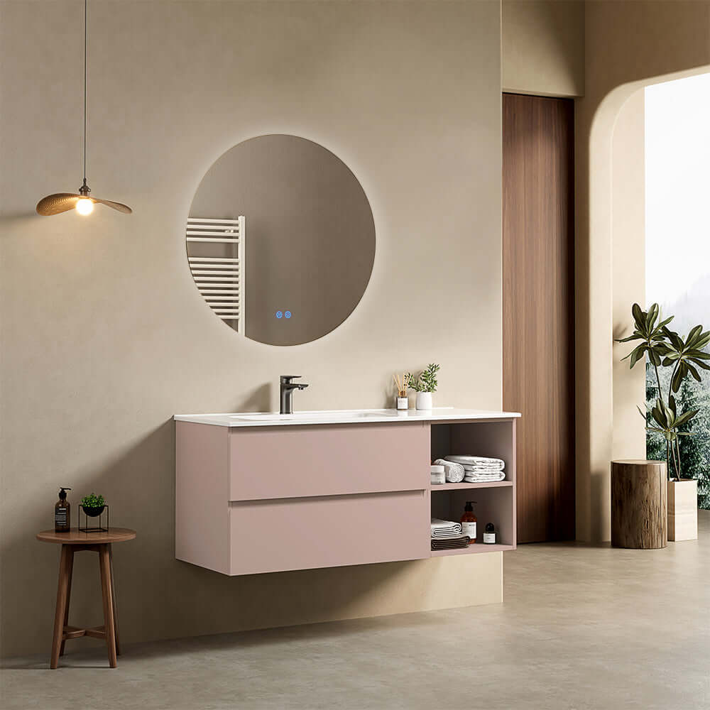 Mobile bagno sospeso 120 cm Rosa Retro Lavabo a Sinistra in Ceramica Specchio Tondo Retroilluminato - Fiji Paint Plus