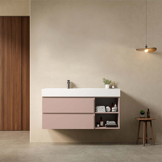 Mobile bagno sospeso 120 cm Rosa Retro Lavabo a Sinistra in Resina Senza Specchio - Fiji Paint Plus