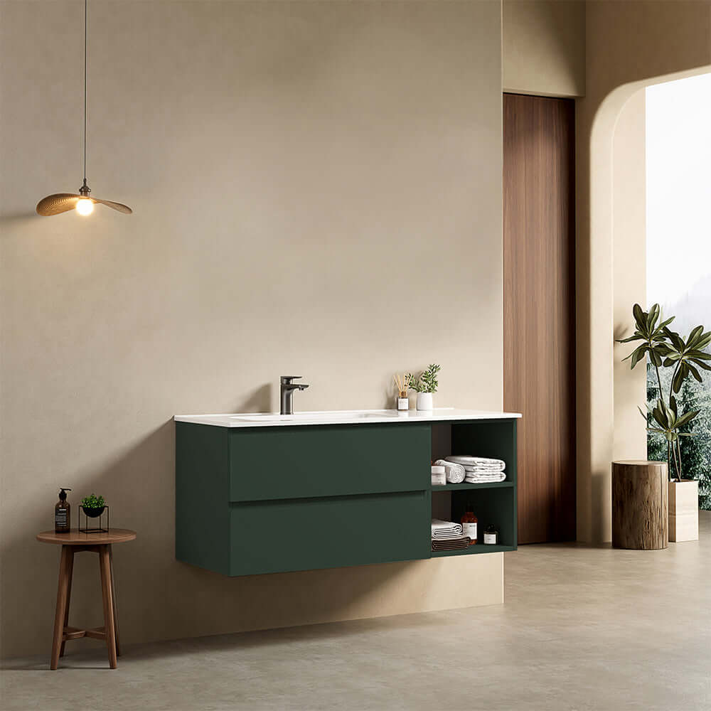 Mobile bagno sospeso 120 cm Verde Comodoro Lavabo a Sinistra in Ceramica Senza Specchio - Fiji Paint Plus