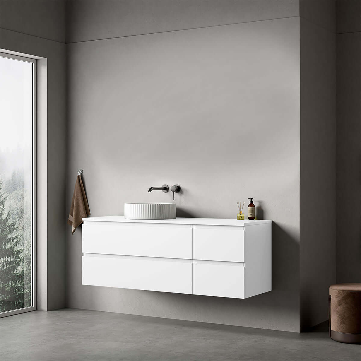 Mobile bagno sospeso reversibile 140 cm Bianco Opaco per Lavabo d'appoggio Senza Specchio - Fiji Paint