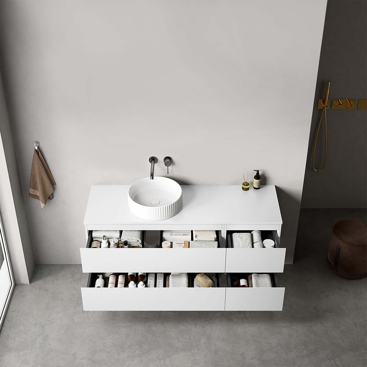 Mobile bagno sospeso reversibile 140 cm Bianco Opaco per Lavabo d'appoggio Senza Specchio - Fiji Paint