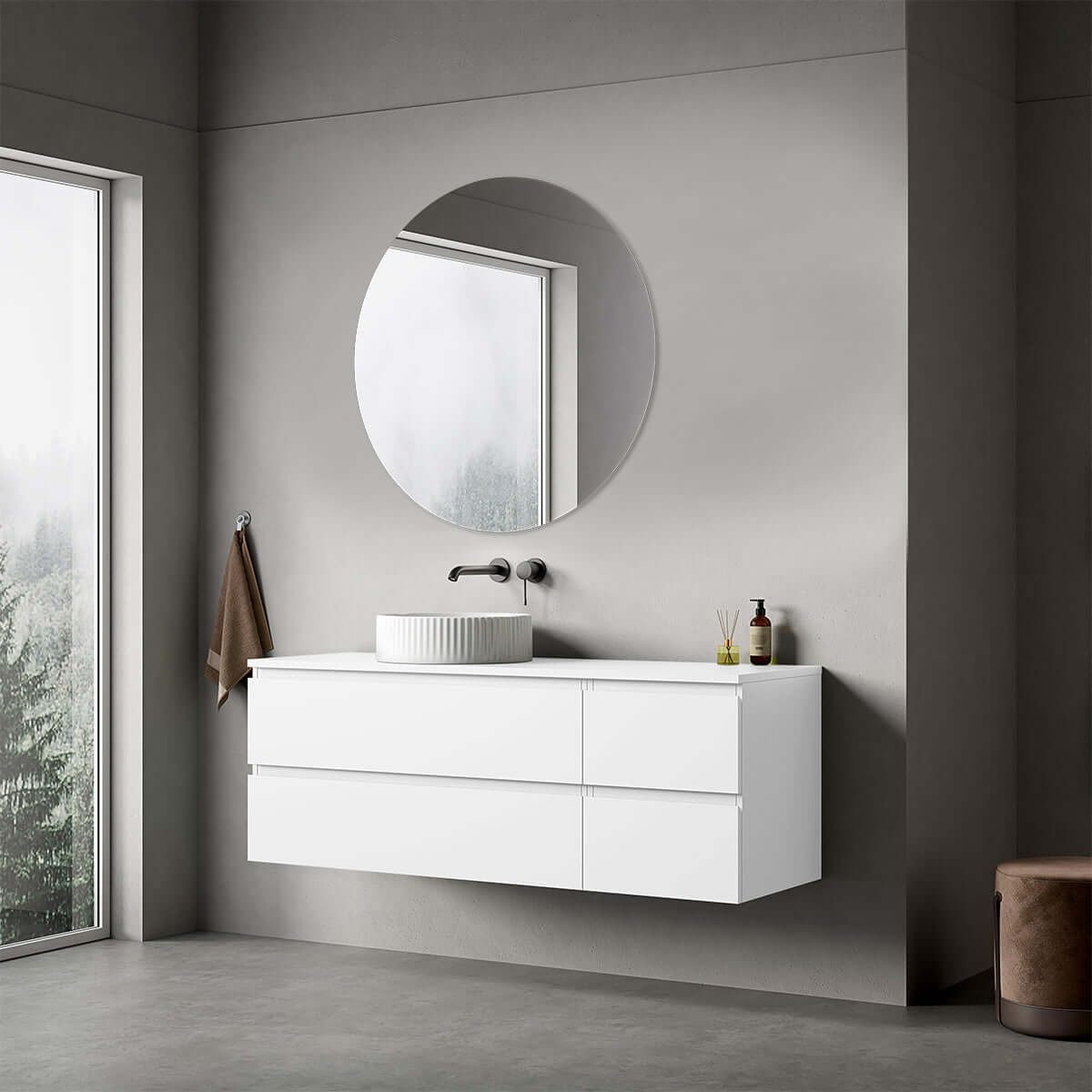 Mobile bagno sospeso reversibile 140 cm Bianco Opaco per Lavabo d'appoggio Specchio Tondo - Fiji Paint