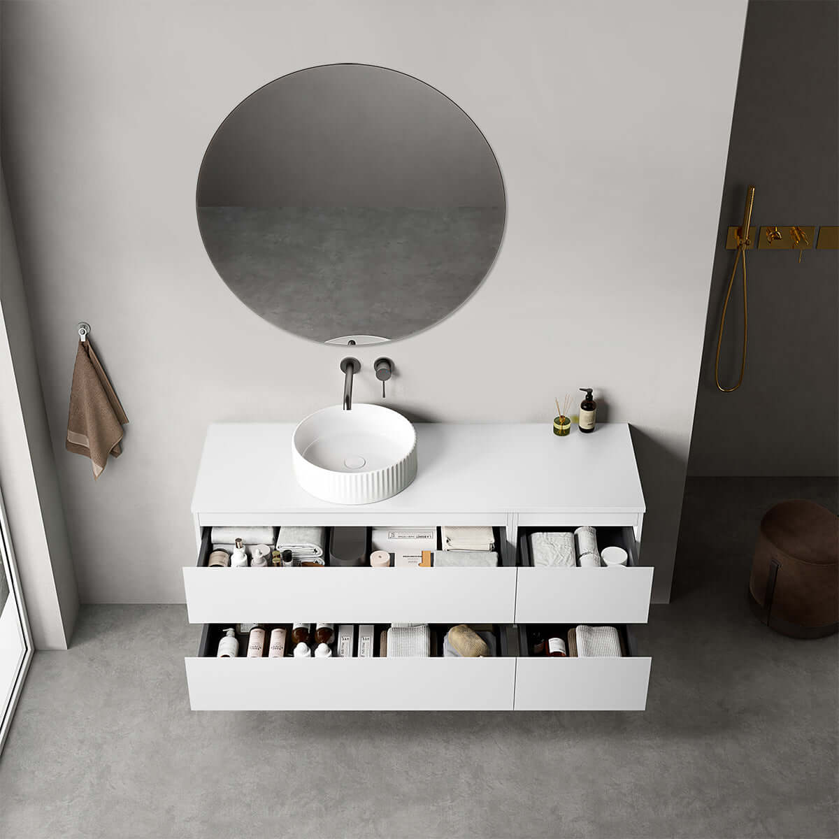 Mobile bagno sospeso reversibile 140 cm Bianco Opaco per Lavabo d'appoggio Specchio Tondo - Fiji Paint