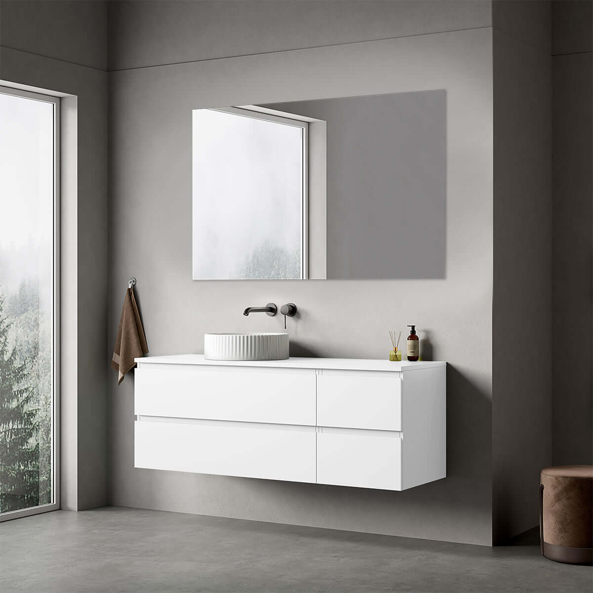 Mobile bagno sospeso reversibile 140 cm Bianco Opaco per Lavabo d'appoggio Specchio Quadro - Fiji Paint