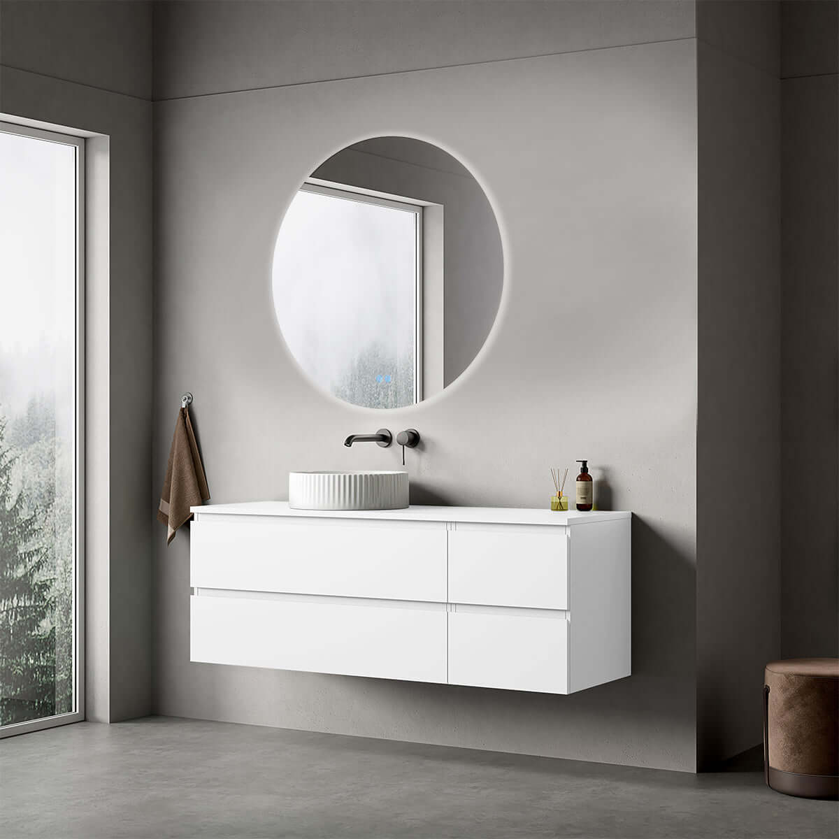 Mobile bagno sospeso reversibile 140 cm Bianco Opaco per Lavabo d'appoggio Specchio Tondo Retroilluminato - Fiji Paint