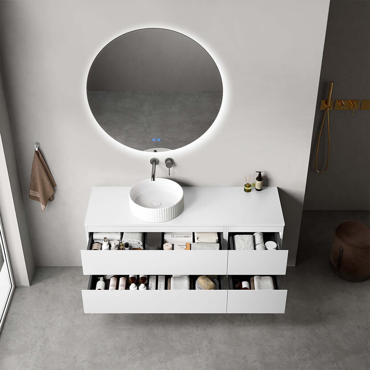 Mobile bagno sospeso reversibile 140 cm Bianco Opaco per Lavabo d'appoggio Specchio Tondo Retroilluminato - Fiji Paint