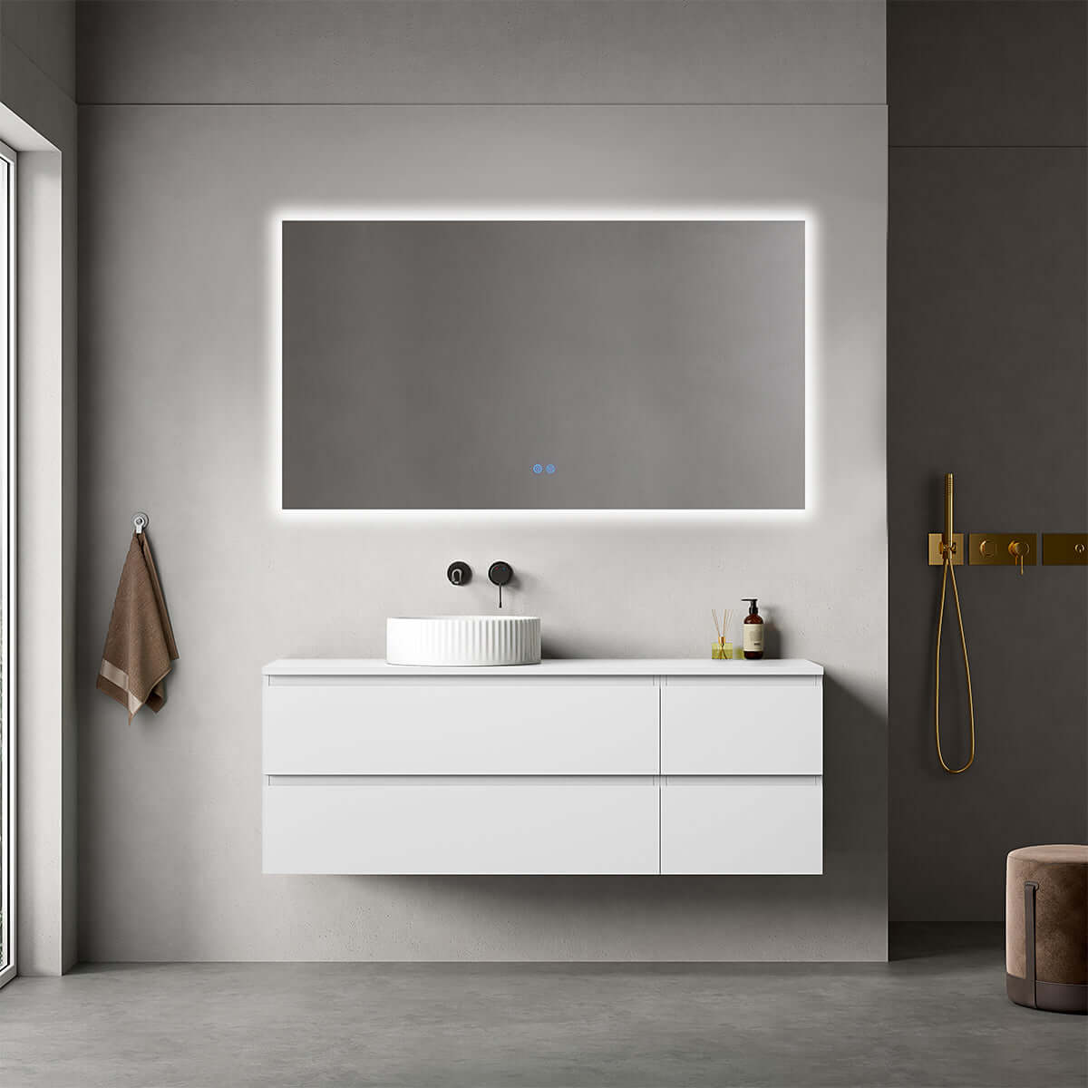 Mobile bagno sospeso reversibile 140 cm Bianco Opaco per Lavabo d'appoggio Specchio Quadro Retroilluminato - Fiji Paint