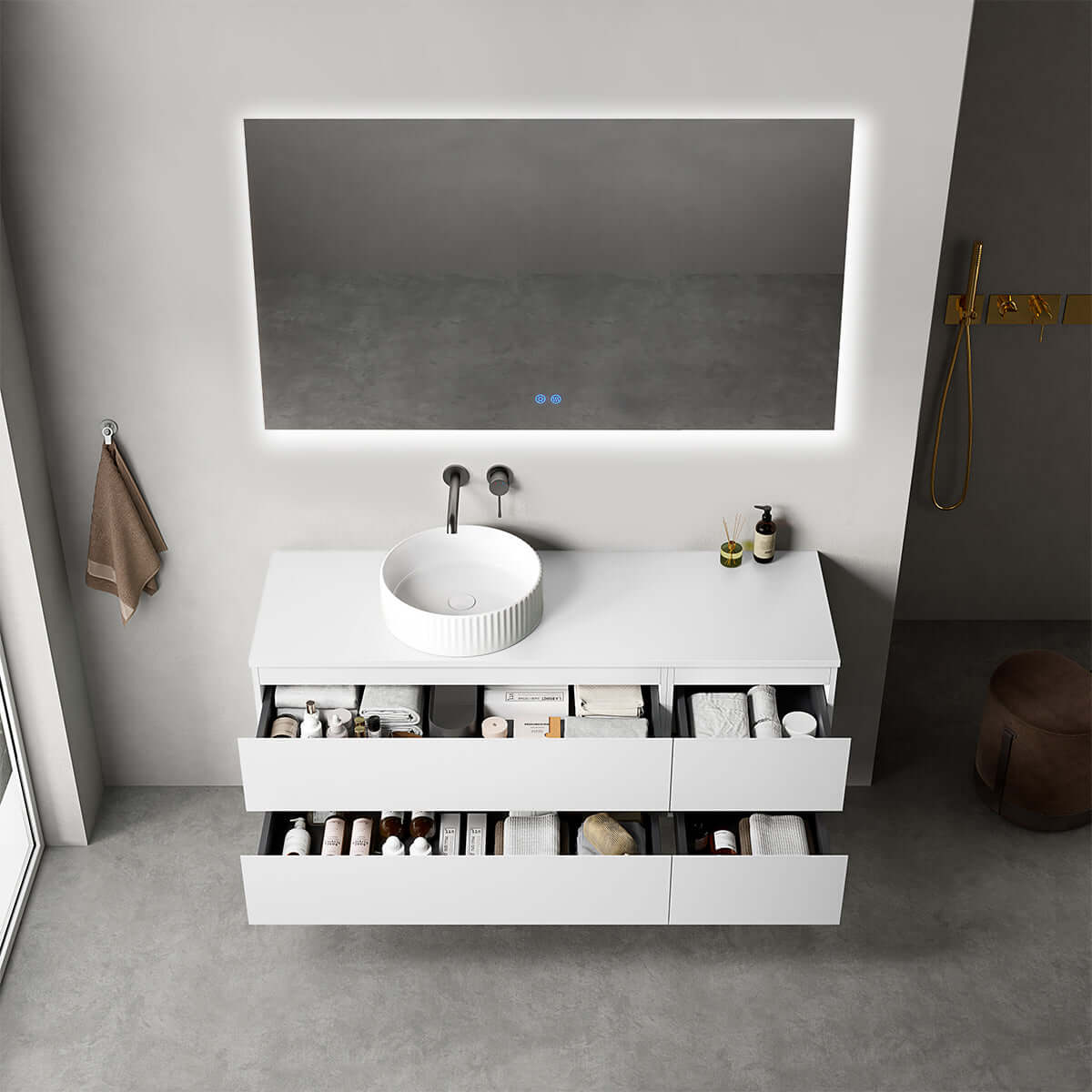 Mobile bagno sospeso reversibile 140 cm Bianco Opaco per Lavabo d'appoggio Specchio Quadro Retroilluminato - Fiji Paint