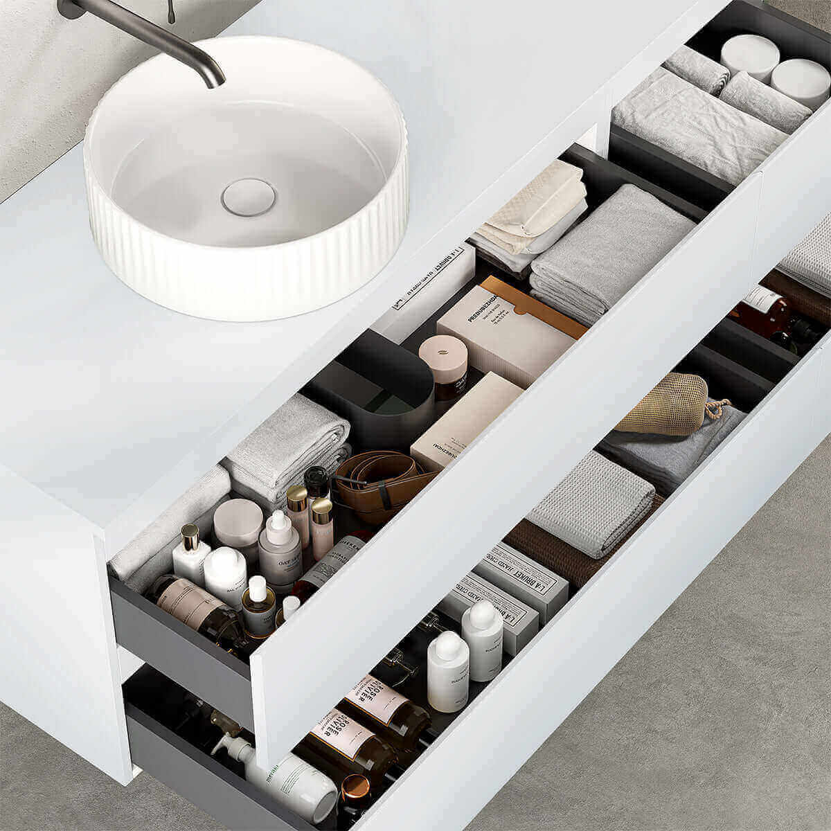 Mobile bagno sospeso reversibile 140 cm Bianco Opaco per Lavabo d'appoggio Specchio Tondo - Fiji Paint