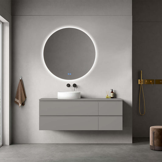 Mobile bagno sospeso grigio Londra con lavabo tondo e specchio retroilluminato in design moderno.