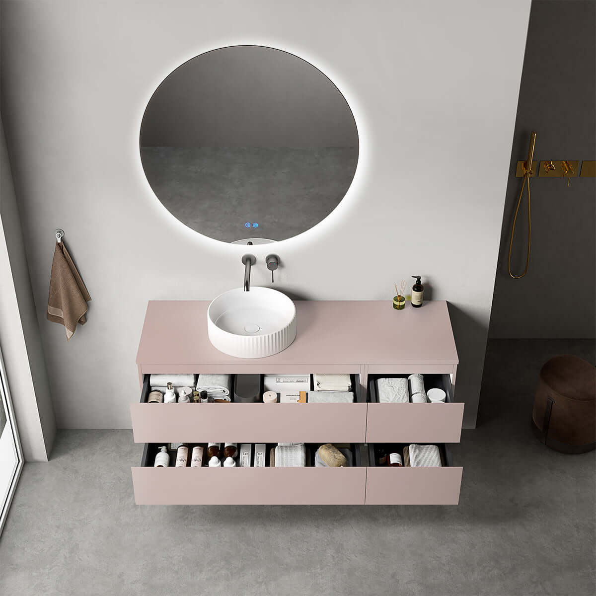 Mobile bagno sospeso reversibile 140 cm Rosa Retrò per Lavabo d'appoggio Specchio Tondo Retroilluminato - Fiji Paint
