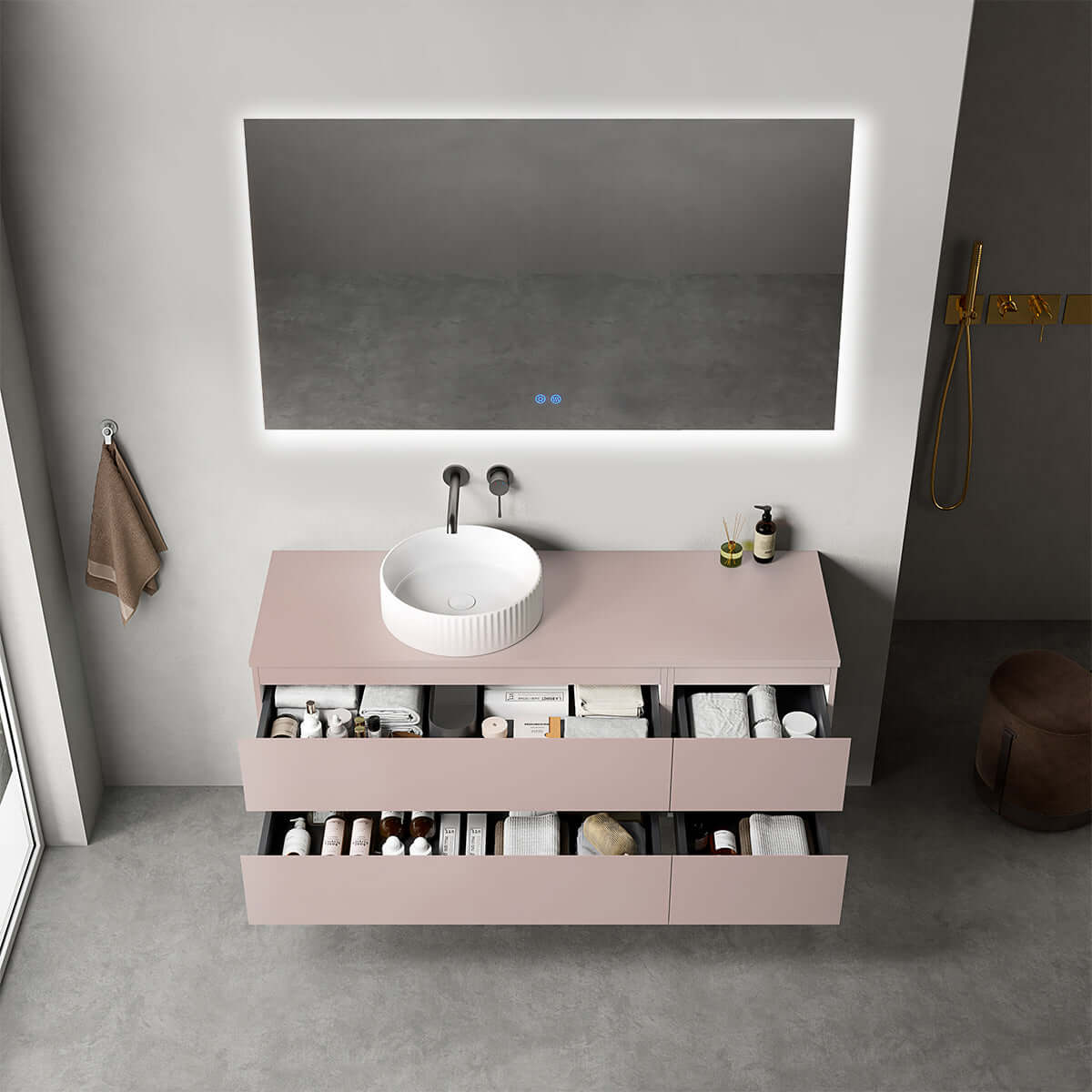 Mobile bagno sospeso reversibile 140 cm Rosa Retrò per Lavabo d'appoggio Specchio Quadro Retroilluminato - Fiji Paint