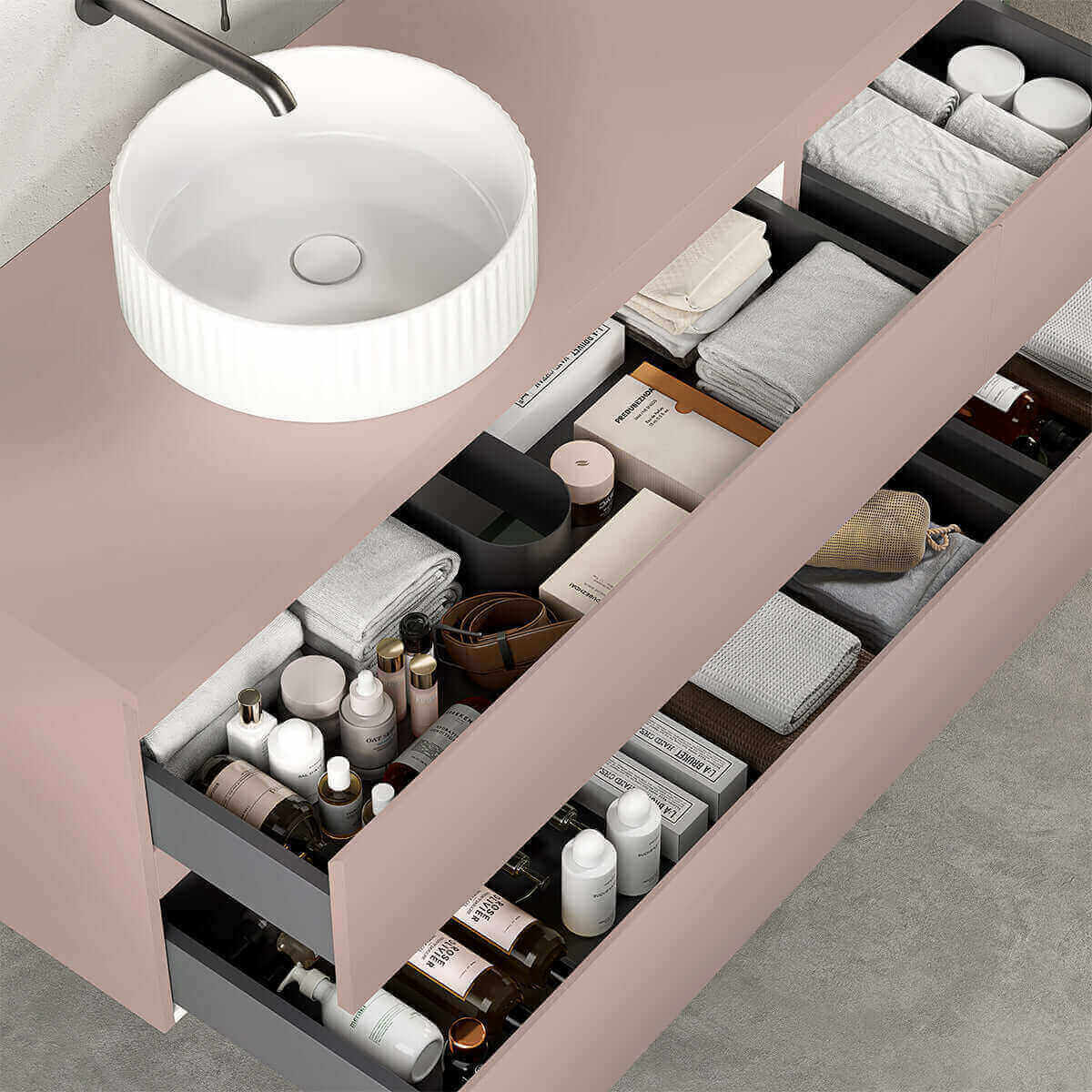 Mobile bagno sospeso reversibile 140 cm Rosa Retrò per Lavabo d'appoggio Specchio Tondo - Fiji Paint