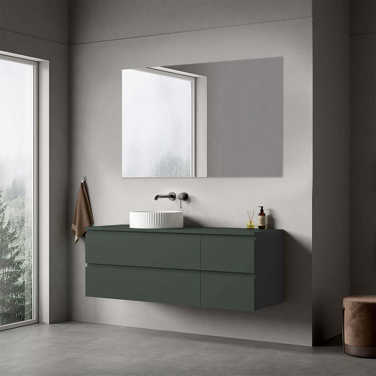 Mobile bagno sospeso reversibile 140 cm Verde Comodoro per Lavabo d'appoggio Specchio Quadro - Fiji Paint
