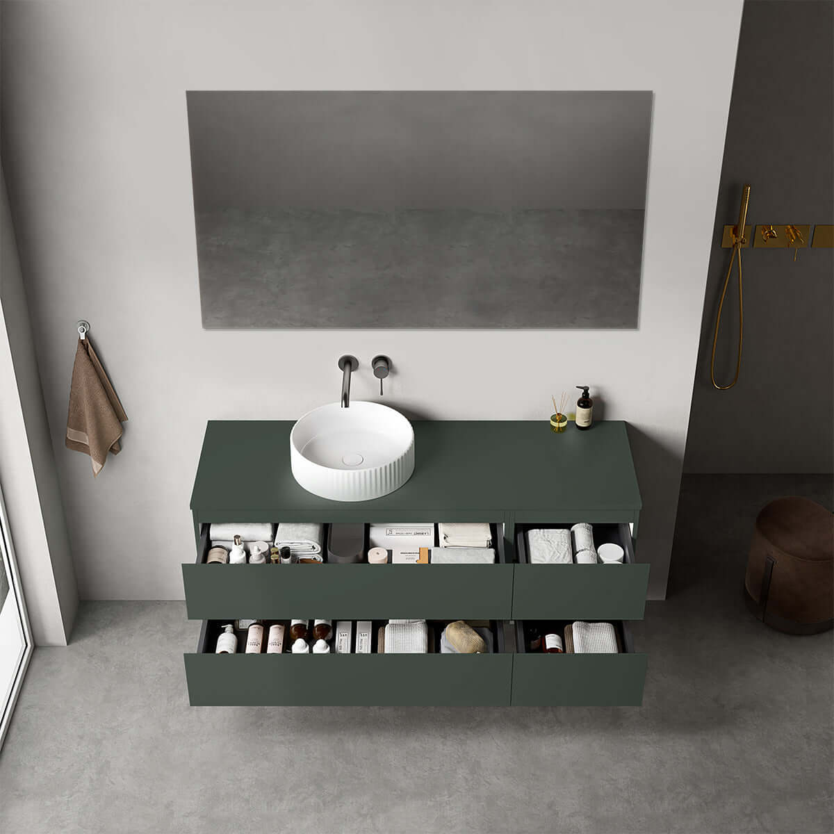 Mobile bagno sospeso reversibile 140 cm Verde Comodoro per Lavabo d'appoggio Specchio Quadro - Fiji Paint